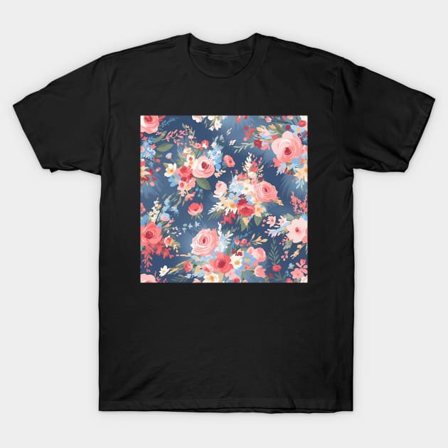 Shabby Chic Floral Flowers, Pretty Feminine Pattern on Blue Background T-Shirt by VintageFlorals